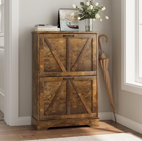 Smart FENDEE Shoe Cabinet, Shoe Storage Cabinet for Entryway with 2 Flip Drawers, Narrow Farmhouse Shoe Organizer Cabinet, Slim Shoe Rack Cabinet, 23.6in Rustic Brown - color: Rustic Brown, size: Width - 23.6 inches