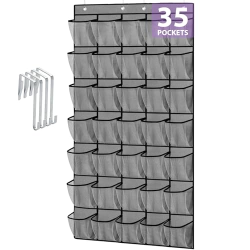 homyfort 35 Large Pockets Over the Door Shoe Organizer, Extra Sturdy Oxford Fabric Hanging Shoe Rack for Door Closet, Wall Mesh Shoe Storage Holder for Mens Women Shoes (Grey) - color: Oxford-like Grey, size: 1 Pack 35 Pockets