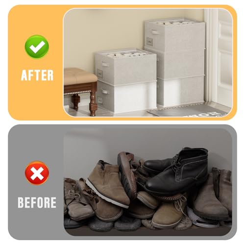 FHSQX 4 Pack Shoe Organizer for Closet,Foldable Shoe Organizer,Fits up to 48 Pairs,Storage Containers With Bottom Support for Shoes (Light Grey, (16.5 * 12.6 * 9.5) x4) - color: Light Grey