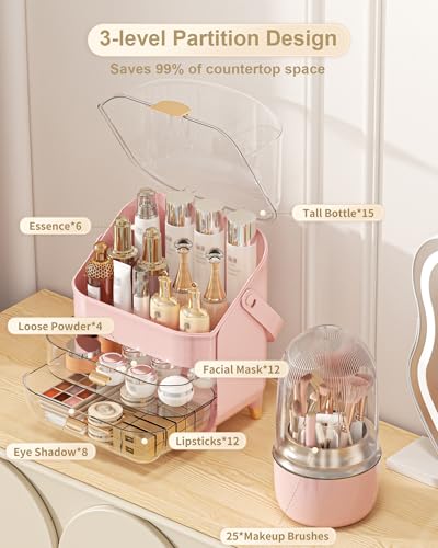Makeup Organizer Countertop, Skincare Holder Bathroom Counter Organizer, Storage Box Cosmetic Display Cases, Teen Girl Gifts Make up Organizers (Pink/Brush) - color: Pink/Brush