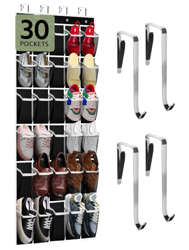PAULONE Over the Door Organizer with 30 Large Pockets, 3 Sizes of Closet Hangers, Holds up to 69 lbs, Hanging Organizer with Clear Window for Children's Toys, Shoes, Diapers (Black) - color: Black
