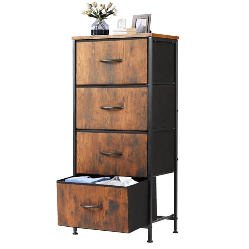 DUMOS Nightstand with 4 Drawers Bedside Table with Removable Fabric Bins Sturdy Steel Frame Wood Top Organizer Furniture for Bedroom Closet Living Room - color: Brown, size: 11.8"D x 17.7"W x 37.4"H (4 Drawers)