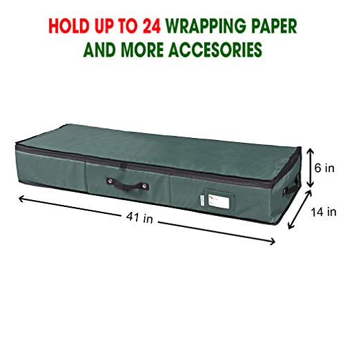 Primode Wrapping Paper Storage Container | Gift Wrap Organizer Under Bed | 41”x14”x6” | Box Holder for 18-24 Rolls Up to 40” | 600D Oxford Material | Pockets for Ribbon, Bows, and Accessories (Green) - color: Green