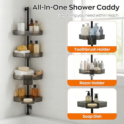 Corner Shower Caddy, Extendable Rustproof Shower Organizer Adjustable 4-Tier Bathroom Shelves Anti-Tipping Bathtub Shampoo Storage Floor Standing Bath Rack Shower Shelf with Soap Dish