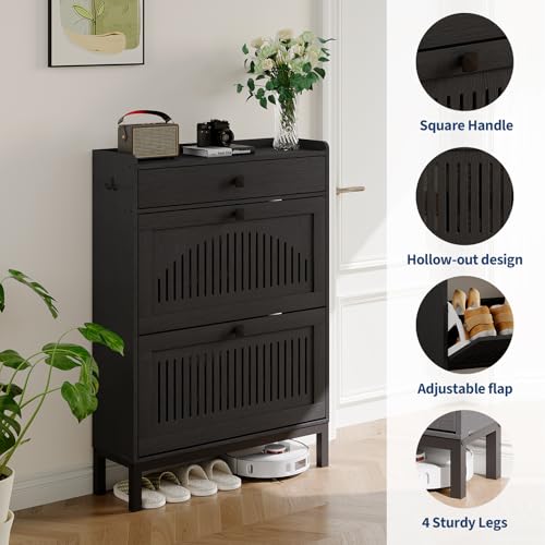 2-Door Flip Front Shoe Cabinet with Adjustable Shelves – Hidden Entryway Storage Organizer for Hallway, Foyer, Living Room – Freestanding Wooden Shoe Rack with Large Capacity & Modern Design, Black - color: Black, size: 9.45"D x 31.4"W x 43.4"H