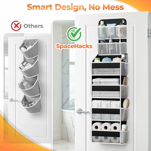 SpaceHacks 6-Tier Over the Door Organizer with Mesh Pockets, Baby Nursery Storage for Closet, Bathroom and Bedroom, Adjustable Hanging Closet Organizer for Cosmetics, Books and Essentials (Black) - color: Black, size: 6-Tier