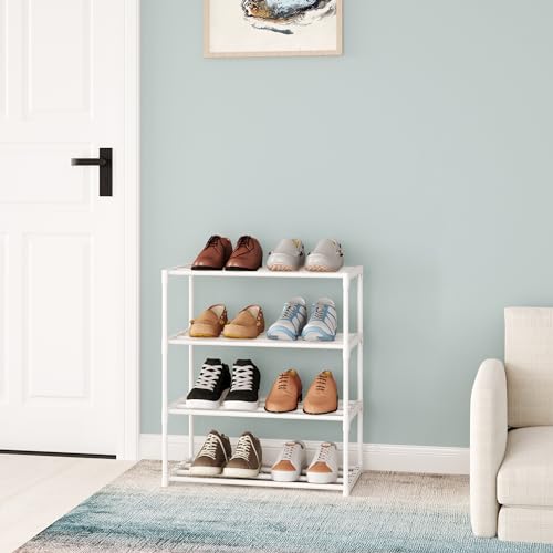 Metal Small Shoe Rack,Stackable Kids Shoe Stand,Narrow Shoe Storage Shelf for 8-10 Pairs of Shoes Entryway and Closet Hallway (4-Tier, White) - color: White, size: 4-Tier (no handle)