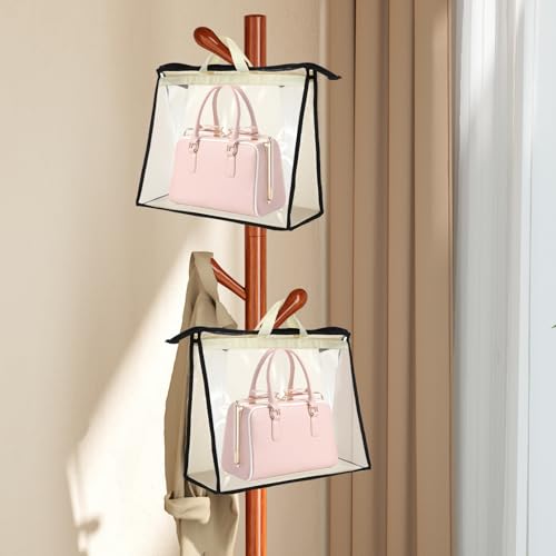 5 PCS Hanging Handbag Storage Organizer Non-Woven Transparent Dust-proof Homewares Purse Wallet Closet Storage Bag with Zipper and Handle (XL) ﻿