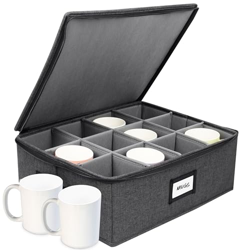 HOMELUX THEORY Mug Storage Box with Dividers Hard Shell China Storage Containers, Heavy Duty Coffee Cup Storage Box and Moving Boxes for Glassware Storage with Lid, Thick Surface, and Sturdy Handle - color: Dark Gray, size: 8. Mug Storage