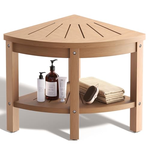 Shower Stool for Inside Shower, Corner Shower Stool, Shower Bench Seat with Storage Shelf for Shaving Legs Plastic Spa Bath Step Foot Rest for Bathroom Small Place - color: Teak