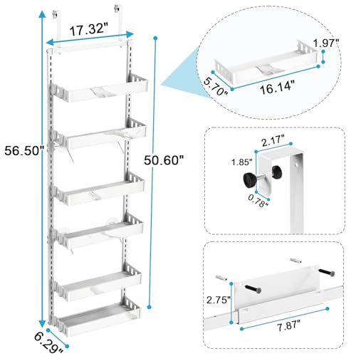 BUKFEN 6-Tier Over the Door Pantry Organizer, 2-in-1 Door Hanging or Wall Mounted Spice Rack, Heavy Duty Metal Storage Shelves with Adjustable Baskets for Kitchen Bathroom Closet, 1 Pack - color: White pole marble color, size: 6 Tier
