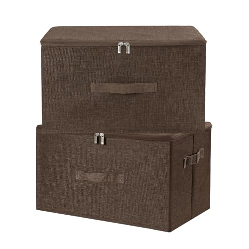 ANMINY 2PCS Storage Bins with Zipper Lids 36 Qt Lidded Fabric Storage Boxes Baskets Cubes with Handles Collapsible Washable Cotton Linen Closet Shelf Clothes Organizer Containers - Coffee, Large - color: Coffee, size: Large (Pack of 2)