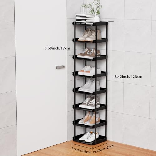 8 Tier Vertical Narrow Shoe Rack, Stackable Tall Skinny Shoerack, Compact Single Shoes Storage Tower for Slim Space, Corner Plastic Shelves, for Hallways, Entryway, Bedrooms Organizer, Black - color: Black, size: 8 tier