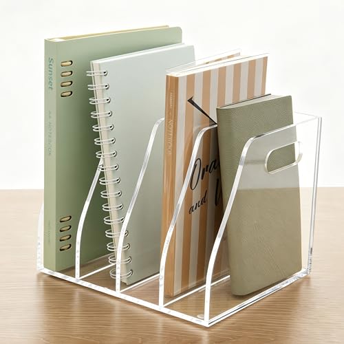 Acrylic File Folder Holder for Desk with Handles, 4-Slot Clear Desk Organizers and Accessories, Vertical Magazine File Sorter & Binder Holder, Desktop Book Organizer for Office, School & Home - size: 4 Sections, B5(with Handle)