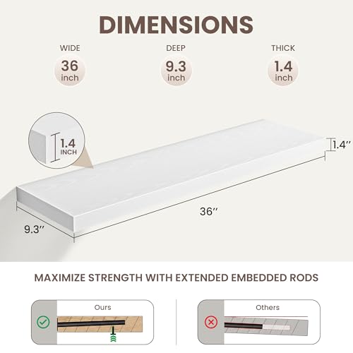 36 Inch Black Floating Shelves for Wall,9.3" Deep Long Floating Shelf Set of 2,Wood Wall Mounted Shelves Farmhouse Home Decor,Wall Storage Shelf for Bathroom Bedroom Living Room Kitchen Office,White - color: White, size: 36 Inch,Set of 2