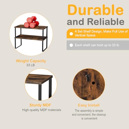 OGEMXU Cabinet Shelf Organizers, 15.7 inches Large Kitchen Counter Shelf, Set of 2 Wood Kitchen Pantry Organizer, Storage Shelves for Countertop, Spice Rack, Stackable, Expandable, Metal Black, Brown - color: Black and Brown, size: 2pcs 7.8" D x 15.7" W x