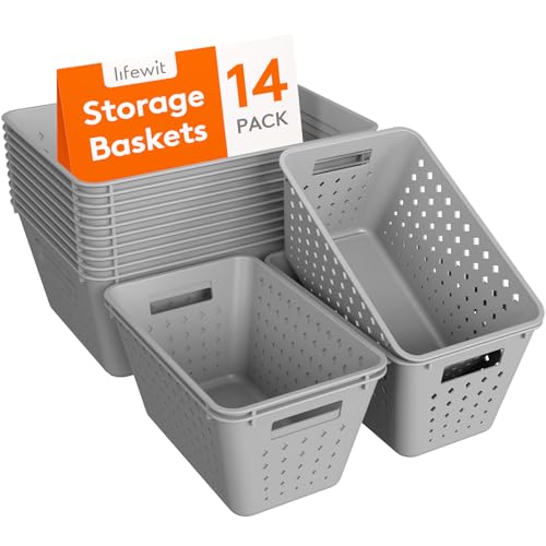 Lifewit Plastic Storage Basket for Organizing, 14 Pack Stackable Open Containers, Multi Size Storage Bins for Shelving, Pantry, Office and Cabinet, 10 Large and 4 Small Size, Gray - color: Gray, size: 10 Large and 4 Small