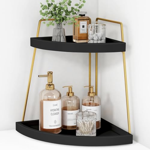 Forbena Black and Gold Corner Bathroom Counter Organizer, Modern Kitchen Countertop Shelf Organizer for Sink, Two Tier Makeup Vanity Storage Holder Tray for Table Top Skincare Perfume Decor - color: Black-gold