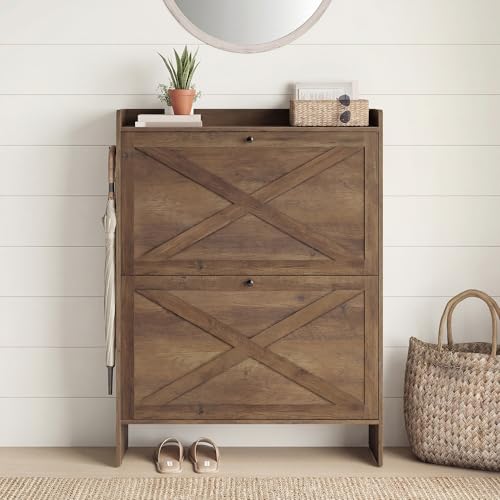 VASAGLE Shoe Storage Cabinet Organizer with 2 Flip Drawers, Freestanding Narrow Shoe Rack Cabinet for Entryway, Farmhouse Style, Fits 14 to 16 Pairs, Honey Brown UHSC203KB01S - color: Honey Brown