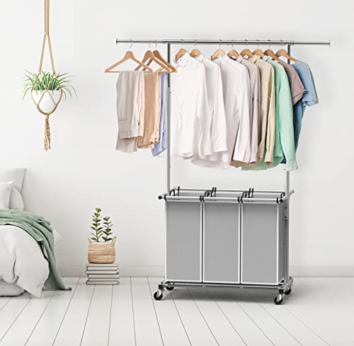 Simple Houseware 3 Bags Laundry Sorter with Extensible Clothes Hanging Rod - color: Silver