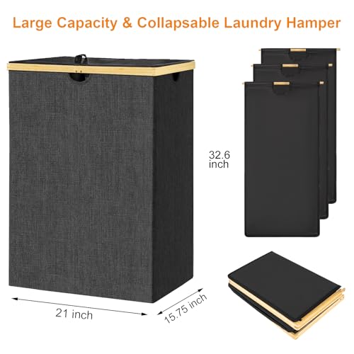 WOWLIVE 180L Laundry Hamper 3 Section, Bamboo Laundry Basket with lid, Extra Large Dirty Clothes Hamper with Removable Bags, Laundry Bin Organizer Storage for Dorm Bedroom Bathroom, Black - color: Black, size: 180L (21.1 x 15.8 x 32.7 Inches)