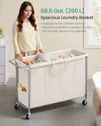 SONGMICS Laundry Basket with Wheels, 4-Section Rolling Laundry Hamper, 68.6 Gallons (260 L), Removable Liner, Steel Frame with Handle, 43.3 x 15.4 x 31.9 Inches, Cream White URLS014W01 - color: Cream White, size: 260 L (4-Section), style: Rectangular with