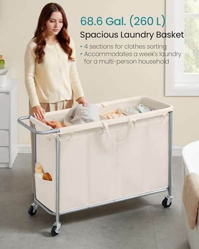SONGMICS Laundry Basket with Wheels, 4-Section Rolling Laundry Hamper, 68.6 Gallons (260 L), Removable Liner, Steel Frame with Handle, 43.3 x 15.4 x 31.9 Inches, Cream White URLS014W01 - color: Cream White, size: 260 L (4-Section), style: Rectangular with