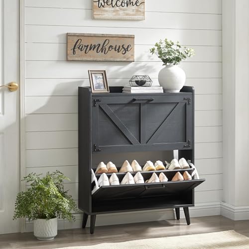 Barnyatoh Shoe Storage Cabinet with 2 Flip Drawers, Farmhouse Hidden Shoe Organizer, Narrow Slim Shoe Rack Cabinet for Entryway Hallway,Black - color: Black
