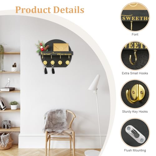 Key Holder for Wall, Key and Mail Holder Organizer - Key Holder Wall Mount with Bouquet Shelf and Key Hooks, Round Wooden Rustic Key Rack for Entryway and Home Decor (Black) - color: Black