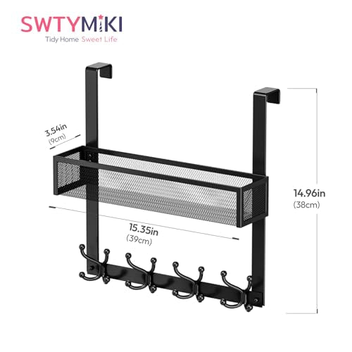 SWTYMIKI Over The Door Hook with 16 Hooks & Mesh Baskets - Heavy Duty Over The Door Organizer Hanger for Towels, Coats, Clothes - Space Saving Hanging Rack for Bathroom, Living Room, Black - color: Black-1 Basket