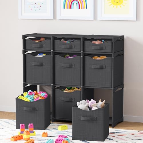Cube Storage Organizer with Storage Bins Included - The Perfect Closet Organizers and Storage Solution. Includes 9 Storage Cubes, Great For Toy Storage, Closet Storage, Clothes Storage (Dark Grey) - color: Dark Grey, size: 9 Storage Cubes