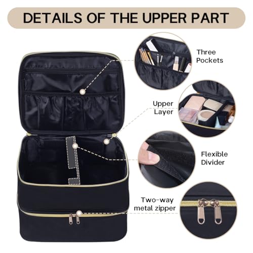 Double Layer Makeup Bag Portable Large Cosmetic Case Organizer with Adjustable Dividers Storage Travel Bag for Accessories Brushes Conditioner and Skin Care Products (Black) - color: Black