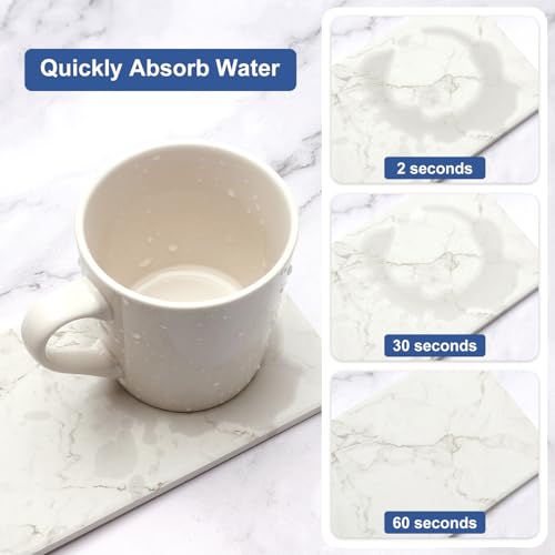 2 Pcs Water Absorbing Stone Drying Trays for Bathroom Sink Kitchen Counter Soap Dish Dispenser Sponge Holder White Ceramic Bathroom Vanity Quick Dry Stone Mat for Kitchen Sink Marble Diatomite Tray - color: White Marble
