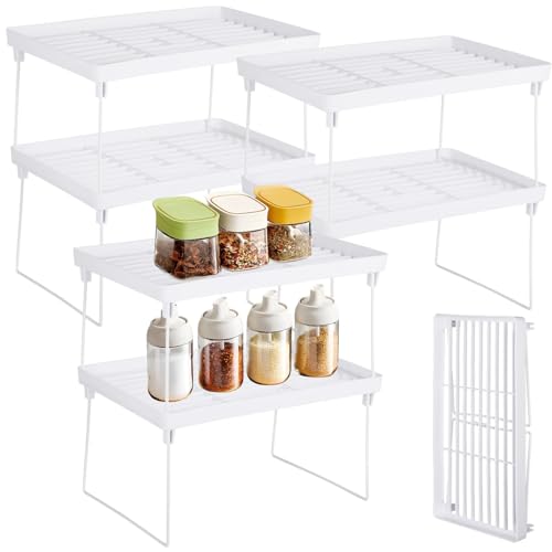 Homaisson 6 PCS Cabinet Storage Shelf Rack, Foldable Cabinet Organizer Shelf, White Stackable Plastic Kitchen Storage shelves Foldable Rack for Kitchen, Fridge, Bathroom