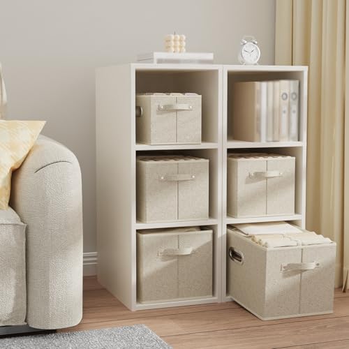 Open Storage Baskets, Collapsible Cube Bins, Fabric Container Organizer with Metal Handles, Boxes for Shelves, Closet, Living Room, 13x9.1x7.9in, Grey and Beige, 4 Pack - color: Beige/Gray, size: 13x9.1x7.9 in(4 Pack)