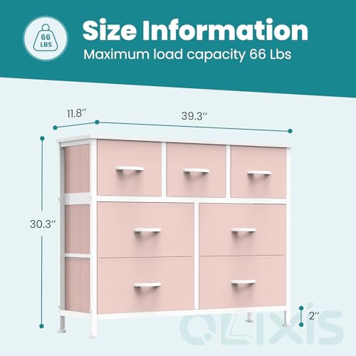 OLIXIS 7 Drawers Dresser for Bedroom, Fabric Storage Tower for Living Room, Entryway - Sturdy Steel Frame, Wooden Top and Easy Pull Fabric Bins, Closet Chests Organizer for Clothes,Pink - color: Pink, size: 11.8"D x 39.4"W x 30"H (7 Drawers)