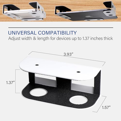BYMECOST Under Desk Laptop Storage Mount, Metal Under Desk Device Holder, for Devices Up to 1.37" Thick, MacBook, Mini, Keyboard, Router, with Anti-Scratch Silicone (White) - color: White, size: 1.37" without hook