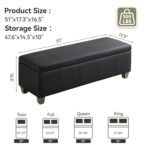 WUTUTUEE 51" Faux Leather Storage Ottoman, Stitch Tufted Rectangle Upholstered End of Bed Storage Bench, Entryway Large Couch Ottoman with Wooden Legs, Dark Black - color: Dark Black, size: 51 Inch
