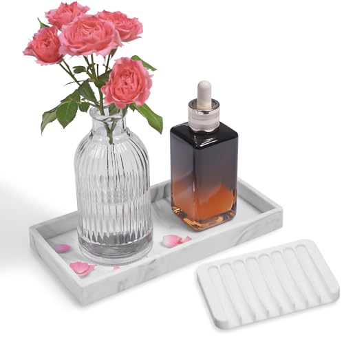 Bloss Small Bathroom Vanity Tray with Soap Dish, 8 x 4 inch Silicone Marble Tray for Kitchen Counter,Toilet Tank Storage,Perfume Trays for Dresser, Jewelry, Candle, Key - color: Marble White, size: 7.9" x 3.9" x 0.9"