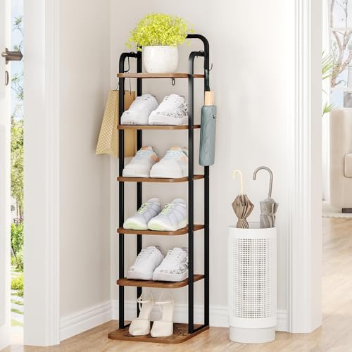 Hzuaneri 6 Tiers Vertical Shoe Rack, Narrow Shoe Tower, Tall Shoes Shelf with 2 Hooks, Adjustable Shelves, Corner Shoes Shelves for Small Spaces, Entryway, Living Room, Rustic Brown SR04201B - color: Rustic Brown and Black, size: 6 Tier(11.8"D x 10.4"W x