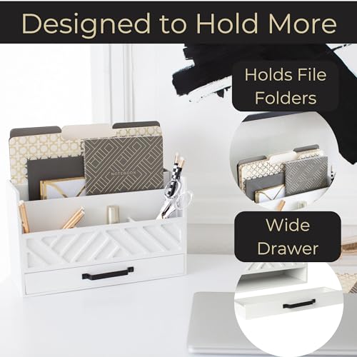 BLU MONACO | Wooden Mail Organizer with Drawer | Mail Organizer Wood Desktop Storage | Tabletop Organizer with Drawers White Farmhouse Desk Sorter - color: White