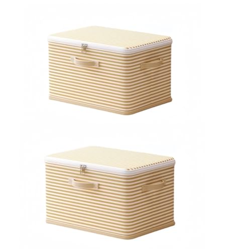 Foldable Storage Containers, Beige Striped Fabric Boxes with Lids, Stackable Closet Organizer Bins for Bedroom, Clothing Storage (Yellow, L) - color: Yellow, size: L