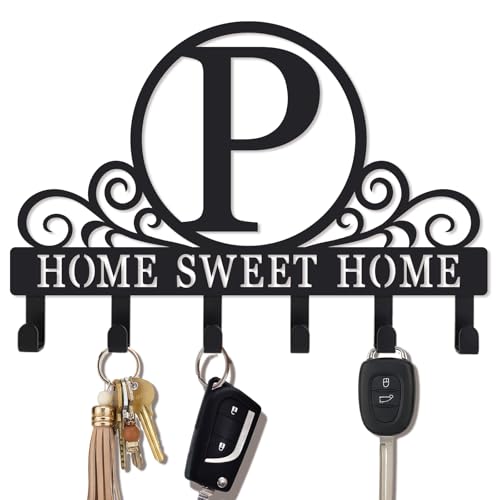 Metal Letter P Key Holder for Wall, Monogram Coat Rack Wall Mount, Key Hooks Perfect for Bathroom, Living Room, Kitchen, Office Ideal Wedding, Anniversary, Housewarming Gift (P) - style: P