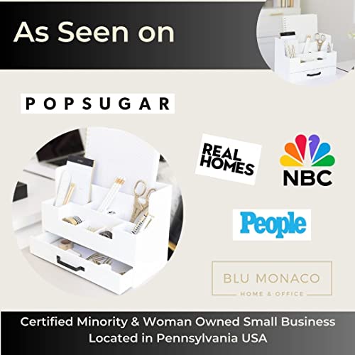BLU MONACO White Wooden Desk Organizer With Drawer | Desktop Storage With Drawers | Multi-Compartment Desk Caddy for Home Office | 5.7”D x 12.9”W x 9”H Tabletop Accessory Holder