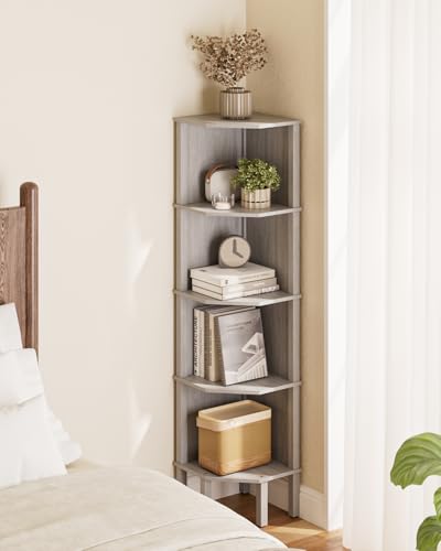 Corner Shelf, 5 Tier Corner Bookshelf, Display Corner Shelf Stand with Storage Rack, Wall Corner Bookshelf for Living Room, Bedroom, Office, Grey - color: Grey Without Light