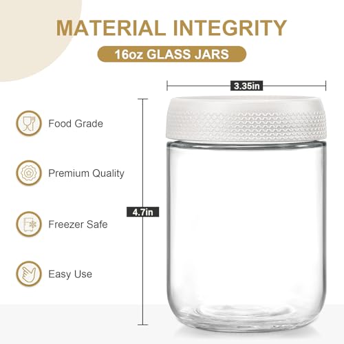 NETANY 6-pack 16oz Glass jars with Airtight Lids, Overnight Oats Containers with Lids, Wide mouth Mason Salad jars, Glass Food Storage Containers for Snacks Yogurt Spice Sugar-White - color: White