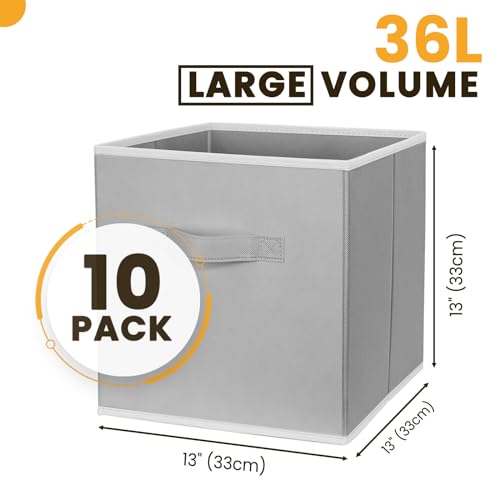 Criusia Large Storage Cubes, 13x13 Cube Storage Bins (Set of 10), Fabric Collapsible Storage Bins with Dual Handles, Foldable Cube Baskets for Shelf, Closet Organizers and Storage Box (Grey) - color: Grey, size: 10 Pack - 13 inches