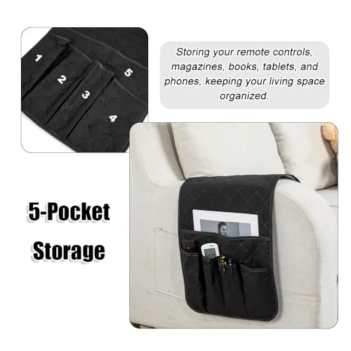 RETON Sofa Armrest Organizer with 5 Pockets, Non Slip Remote Control Caddy with 8 Pieces of Hook and Loop Fasteners, Armchair Caddy Holder Storage for Magazine Recliner Book TV Phone (Black) - color: Black