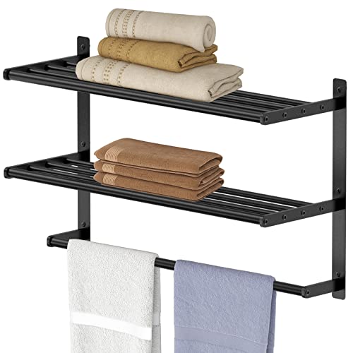 Hotel Towel Racks for Bathroom Wall Mounted, BETHOM 24 Inch Towel Shelf for Bathroom, 3-Tier Bathroom Towel Rack with Tower Bars, Matte Black - color: Matte Black, size: 24IN (1 Bar)