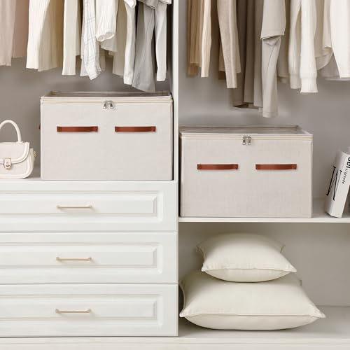 Shoe Organizer for Closet, Foldable Large Shoe Storage Box with Clear Cover, Removable Partitions and Bottom are Supported by Plastic Boards (Beige, 20.5“Lx16.9 Wx13'H) - color: Beige